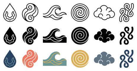 Fototapeta premium Abstract nature elements icons including water drop wave spiral cloud and wind symbols in outline solid and color styles