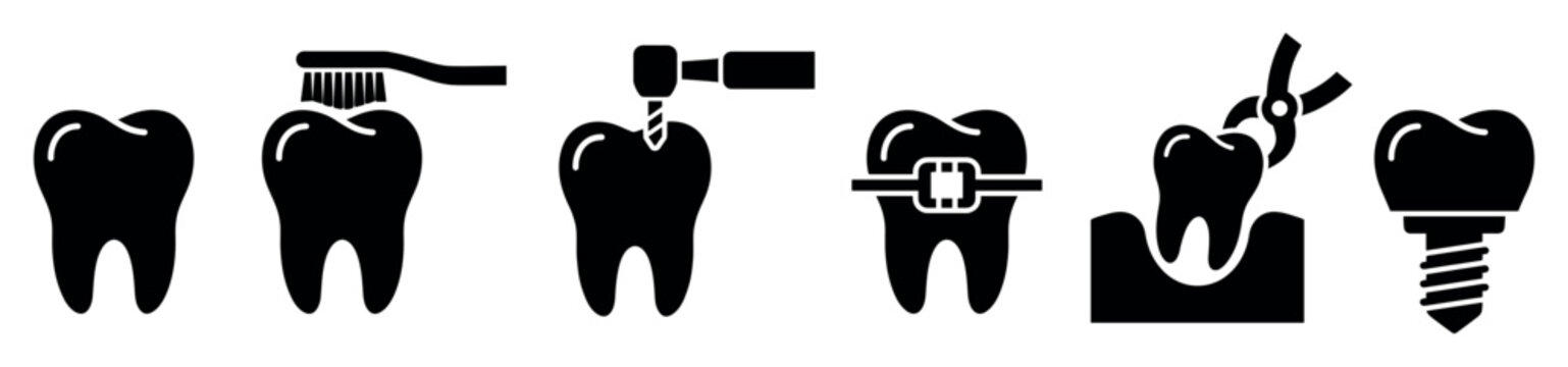 Dental care and dentistry treatment icon set illustrating various medical procedures including daily brushing cavity drilling orthodontics tooth extraction and surgical implants