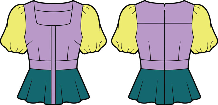 Women short puff sleeve peplum top fashion technical flat sketch template front and back view vector illustration