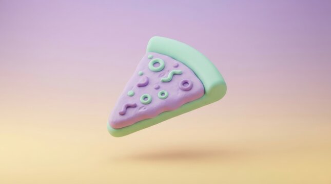 3D render of a slice of pizza with cheese and green olives on purple base