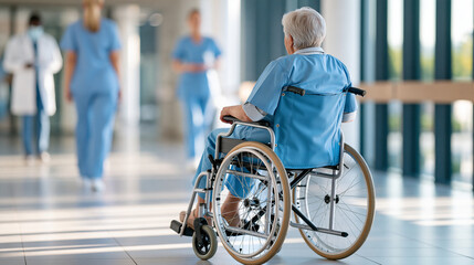 Obraz premium Elderly patient in a wheelchair moving through a hospital corridor surrounded by softly defocused medical staff, senior healthcare, accessibility, patient support, clinical