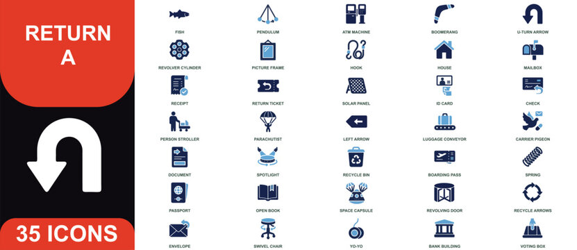 Set of 35 blue and dark blue featuring symbols, and concepts including a fish, pendulum, atm, boomerang, and u-turn arrow