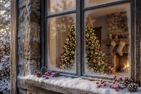 A cozy close-up of a frosted cottage window looking into a warm room with a glowing Christmas tree. The external stone sill has snow, pinecones, and red berries under diffused golden light.