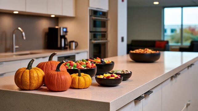 Modern office kitchen with pumpkins and Halloween snacks on stone island