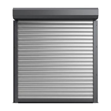 Modern closed metal roller shutter door with horizontal steel slats and dark grey frame for architectural and industrial building security concepts