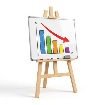 Wooden easel holding a whiteboard with a colorful declining bar chart and a big red downward arrow for business failure and financial loss concepts