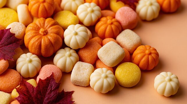 Seasonal pumpkin - shaped candies and colorful confections with maple leaves on pastel peach surface