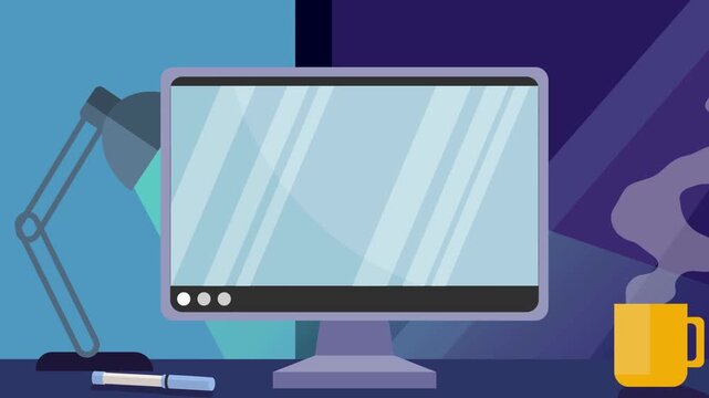 Animated workspace setup transition with flat vector computer monitor desk lamp and coffee mug.