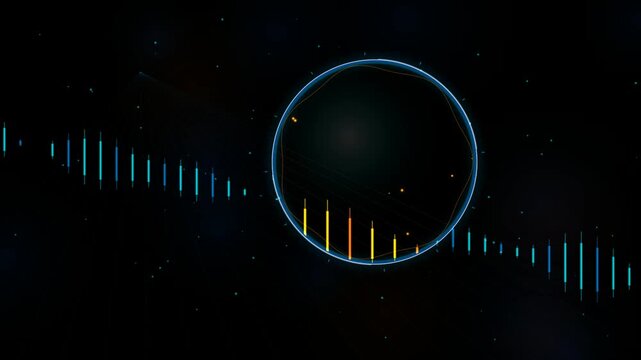 Digital financial trading chart with glowing blue and orange bars forming a sound wave pattern