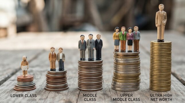 Miniature figures standing on stacked coins on wooden surface