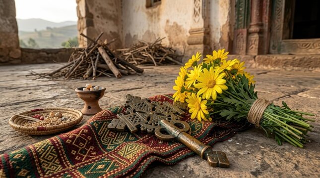 Meskel religious holiday celebration setup, brass Ethiopian cross on traditional patterned textile fabric, yellow daisy bouquet, incense burner, grain bowl, wooden stick bonfire pile.