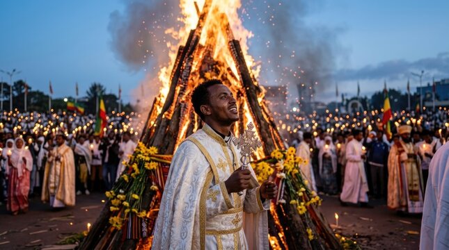 Meskel religious festival showing an Ethiopian priest holding a holy cross, standing near a giant burning bonfire, surrounded by faithful crowd during traditional Orthodox Christian celebration.