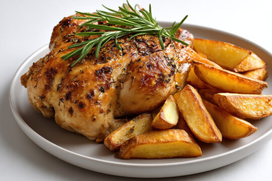 Roast chicken with golden potato wedges, garnished with rosemary, savory, crispy, delicious, home cooked meal