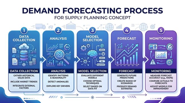 Demand forecasting process infographic for supply planning, business data analysis workflow, predictive modeling and inventory management strategy