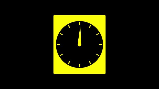 Minimalist yellow clock icon animation with rotating hands on black background, time