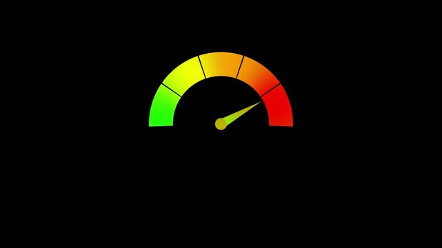 Colorful speedometer gauge indicating performance levels on black background, indicator