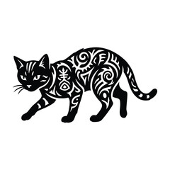 Fototapeta premium Stylized decorative cat silhouette with intricate tribal patterns isolated on a plain white background