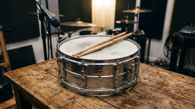 Snare drum with drumsticks on wooden table in recording studio