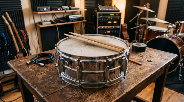 Snare drum with drumsticks on rustic wooden table in music recording studio
