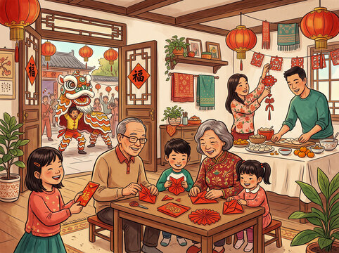 Multi-Generation Chinese Family Celebrating Lunar New Year at Home with Lion Dance and Crafts