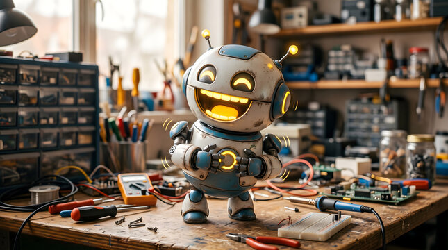 cute robot laughing in workshop with tools and electronic parts