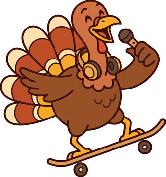 A fun thanksgiving day vector illustration featuring a cool turkey riding a skateboard while singing into microphone