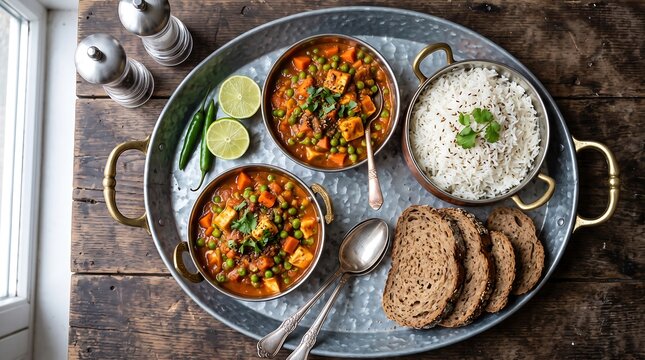  Overhead Shot of Indian Mutter Paneer Curry Meal on Rustic Galvanized Tray