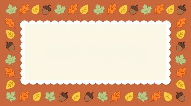 Widescreen autumn border design with repeating patterns of colorful fall leaves and acorns.