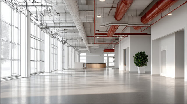 Modern office interior, large windows, industrial ceiling, open space, natural light, minimal design, empty room