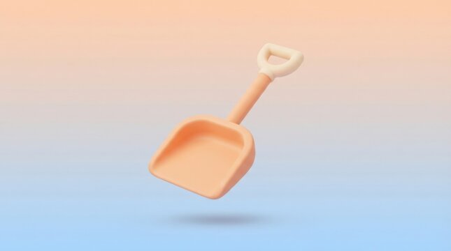 3D render of a plastic toy sand shovel isolated on a soft pastel gradient background