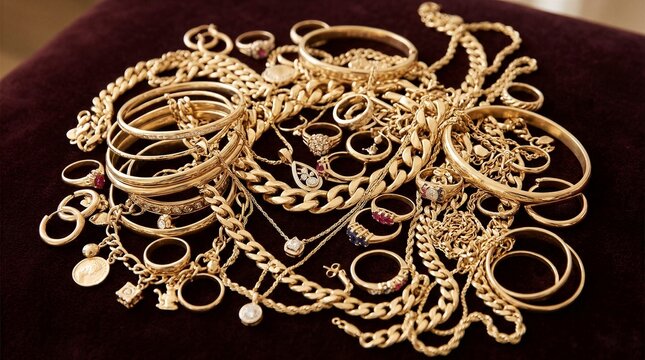 Pile of gold jewelry and chains on velvet surface