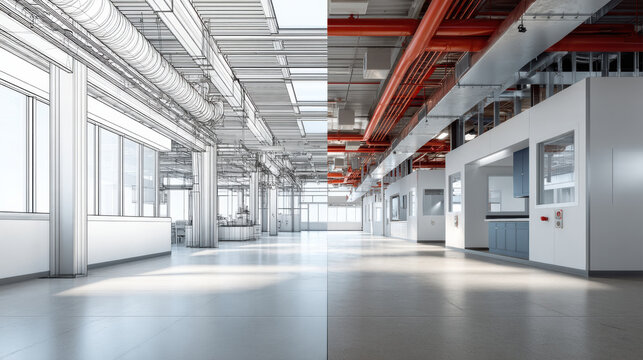 Modern industrial interior, architectural visualization, sunlight, clean lines, high ceiling, exposed ductwork, 3D rendering