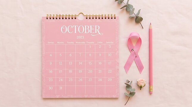 October calendar with pink awareness ribbon and pencil on table