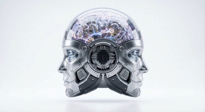 Futuristic cyborg head with a glowing artificial intelligence brain, advanced neural network circuitry, and high-tech mechanical design isolated on a clean white background.