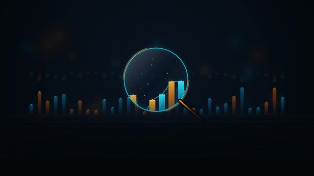 Digital financial analysis charts and graphs viewed through a magnifying glass creating an insightful financial concept
