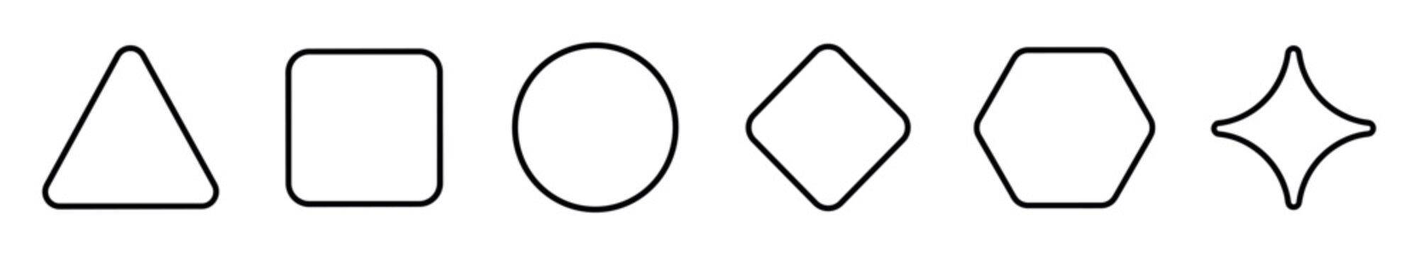 Basic geometric shape outline icons featuring a triangle square circle diamond hexagon and four pointed star with smooth rounded corners