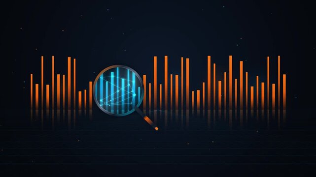 Digital data visualization with magnifying glass over glowing bar chart reflecting insights