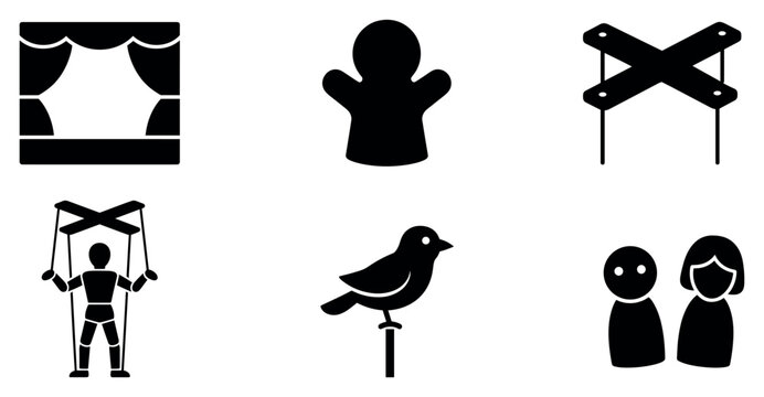 Puppet theater icons including stage hand puppet marionette bird and finger puppets in solid black silhouette style