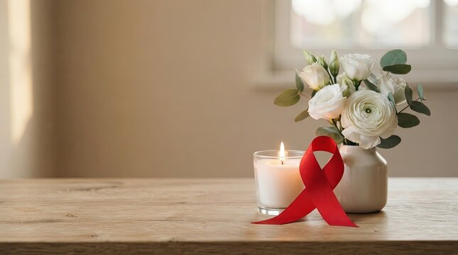 White roses in vase with red ribbon candle on wooden table for awareness campaign