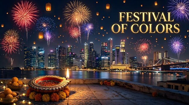 A vibrant and joyous diwali celebration illuminating the night sky with dazzling fireworks and the warm glow of traditional lamps