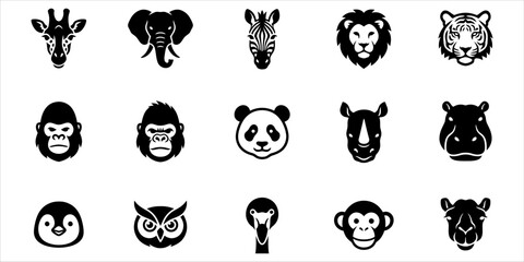 Obraz premium A collection of diverse animal faces presented in a minimalist black and white iconographic style