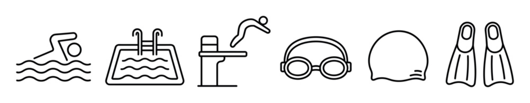 Swimming pool and diving equipment line icons including swimmer diving board goggles cap and flippers