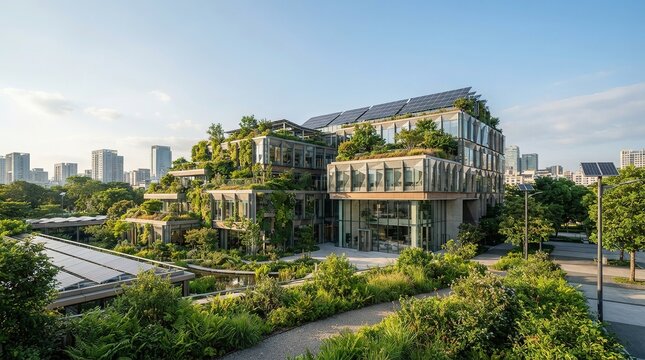 Modern sustainable bank headquarters surrounded by lush greenery in urban financial district with ample copy space