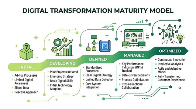 Digital transformation maturity model infographic, business strategy roadmap with five stages, corporate process optimization chart in green