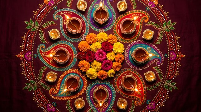 A vibrant and colorful diwali celebration featuring traditional clay lamps flowers and decorations symbolizing light over darkness and good over evil