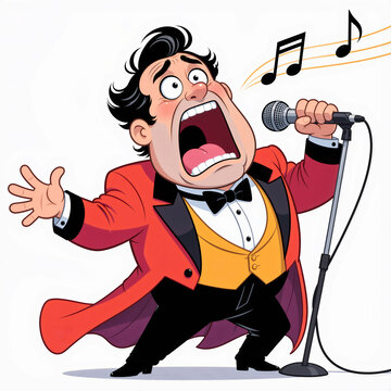 A cartoon illustration depicts a horrified mature singer with a gigantic mouth opening wide in a comical expression of shock and vocal strain on a light background.