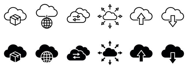 Obraz premium Cloud computing network data transfer icon set featuring upload download sync and global storage symbols for modern web design interfaces