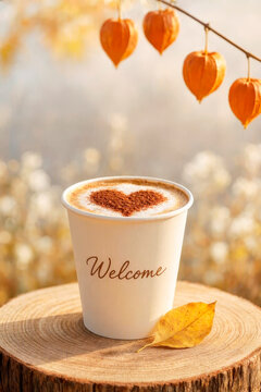 Fresh cappuccino with cinnamon against the backdrop of an autumn park