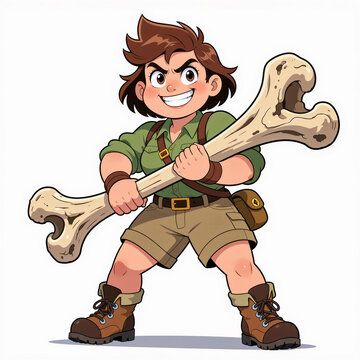 A determined junior archaeologist woman holds a massive dinosaur bone with a toothy grin and unwavering resolve on a light background.