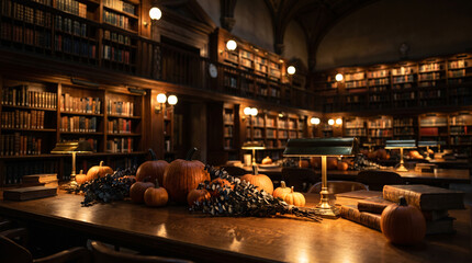 Fototapeta premium Vintage library interior with long wooden table decorated with pumpkins, open books, green banker lamps and dried autumn foliage.